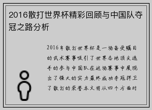 2016散打世界杯精彩回顾与中国队夺冠之路分析 2016散打世界杯精彩回顾与中国队夺冠之路分析