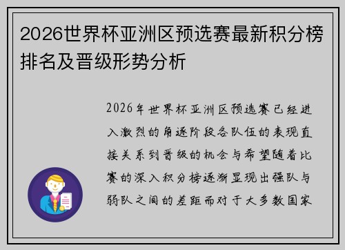 2026世界杯亚洲区预选赛最新积分榜排名及晋级形势分析 2026世界杯亚洲区预选赛最新积分榜排名及晋级形势分析