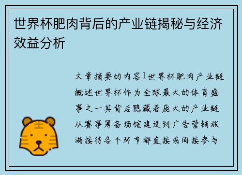 世界杯肥肉背后的产业链揭秘与经济效益分析